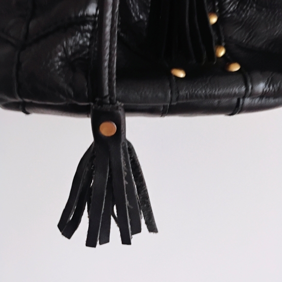 Amerileather Luxury Leather Tassel Studded Bucket Black Bag Moto Hippie Biker - Picture 3 of 12